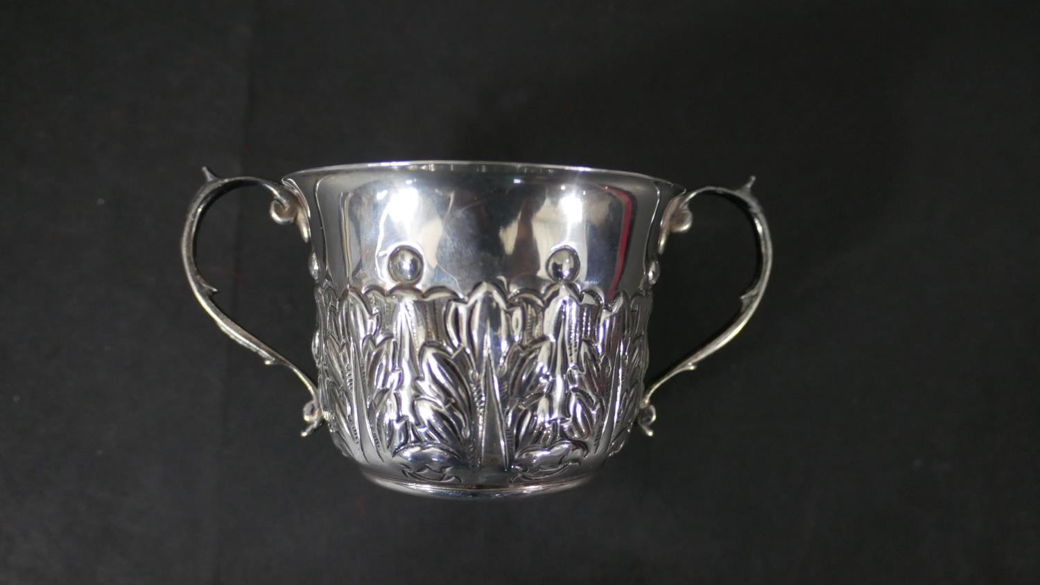 A collection of silver, including a repousse Art Nouveau design twin handled cup, a silver mustard - Image 5 of 12
