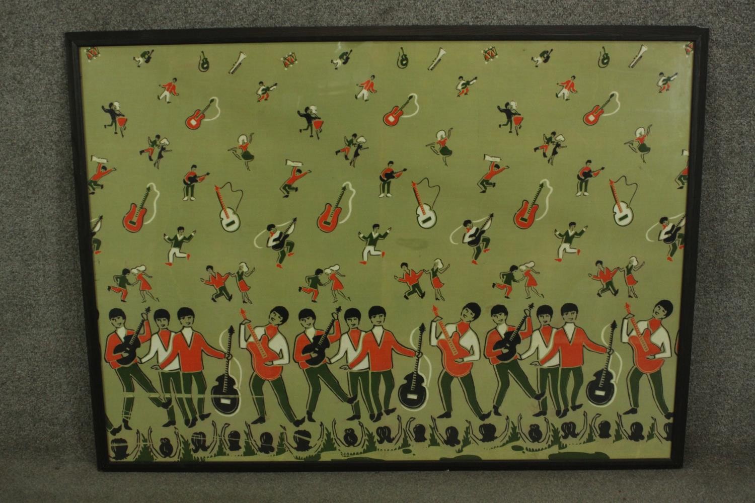 A framed and glazed piece of unused vintage fabric from the 1960's featuring The Beatles, red and - Image 2 of 7