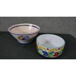 A large Portuguese hand painted ceramic rooster bowl along with a Majolica floral design bowl. D.