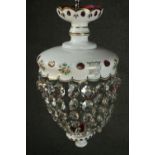 A Bohemian cranberry ceiling light with overlay white enamel and hand painted flowers, cut crystal