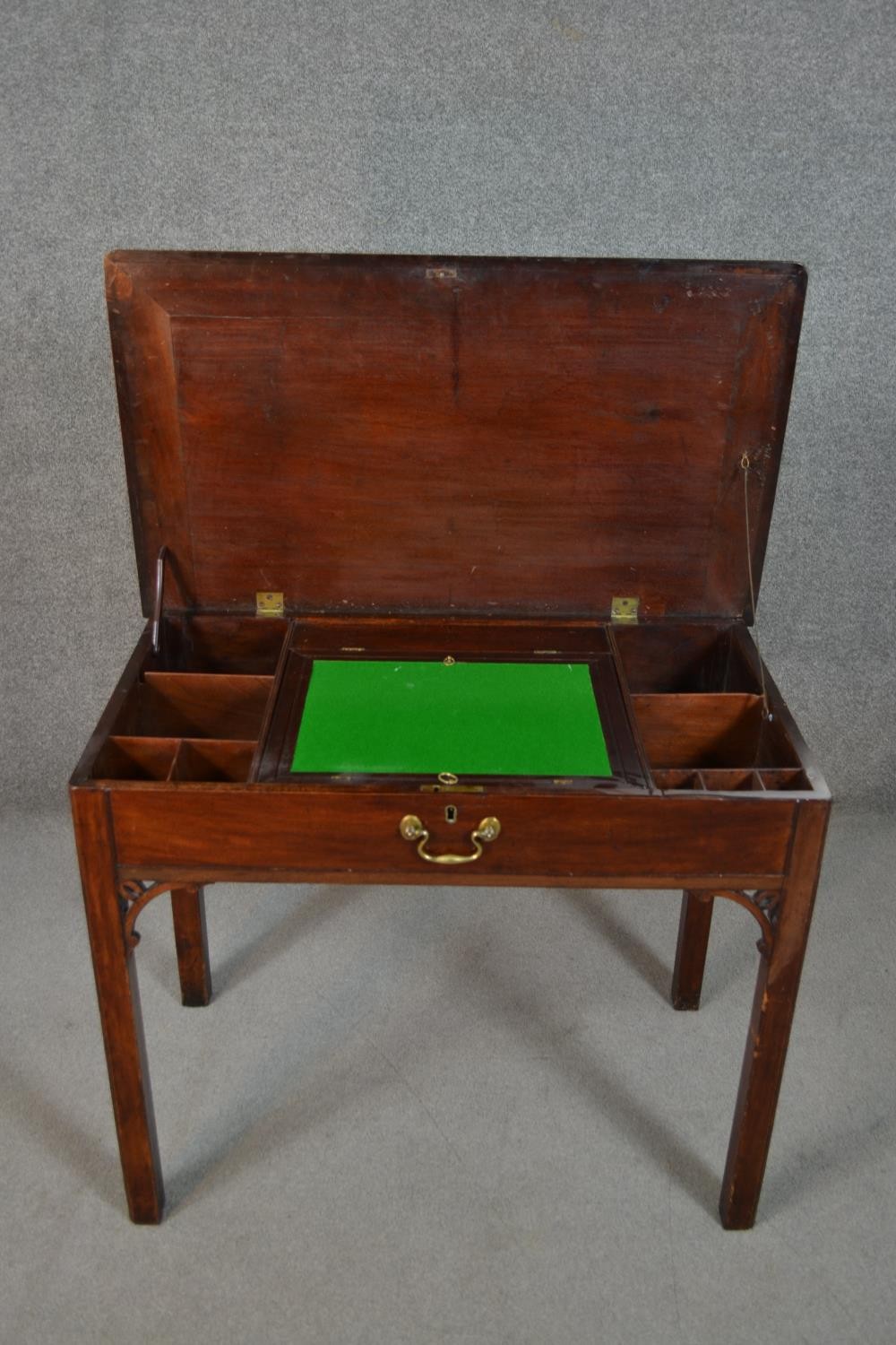 A George III late 18th century mahogany architect's table, with a rectangular top, rising to - Image 4 of 9