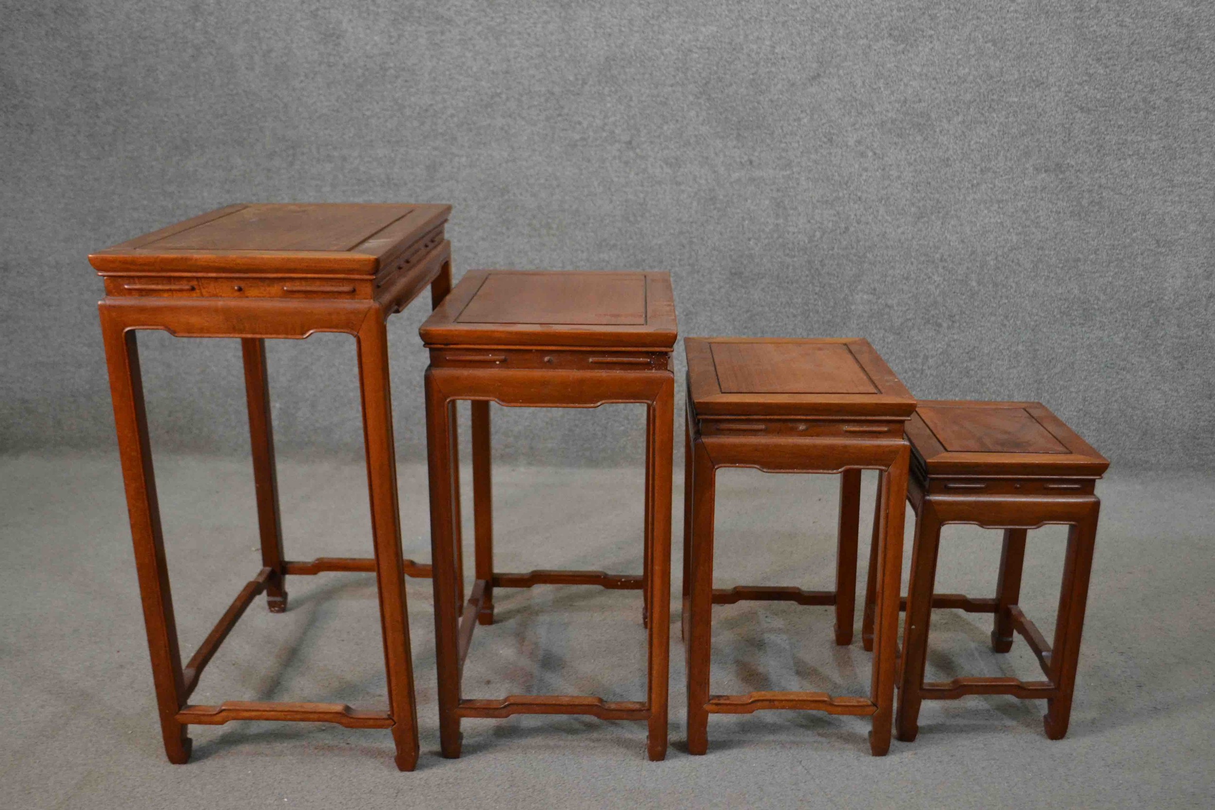 A quartetto nest of four Chinese hardwood tables, with rectangular tops, the legs joined by shaped - Image 5 of 6