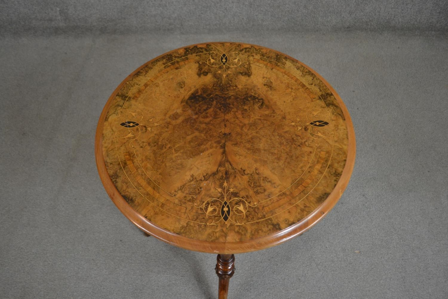 A Victorian circular figured walnut and marquetry inlaid occasional table, on turned legs joined - Image 2 of 5