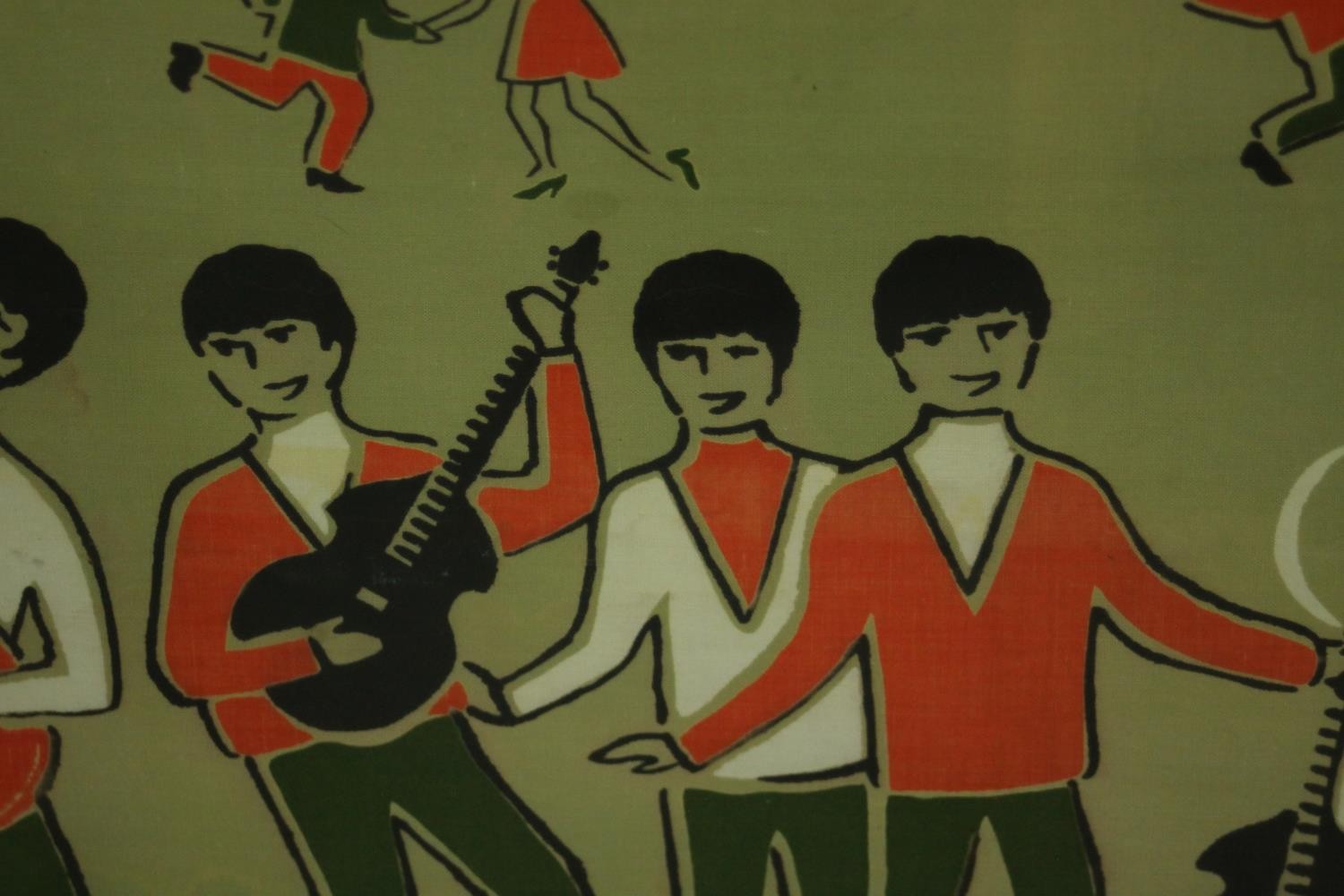 A framed and glazed piece of unused vintage fabric from the 1960's featuring The Beatles, red and - Image 5 of 7