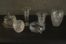 A collection of cut glass and crystal, including a cut crystal stilton dome, various vases and a