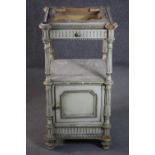 An Italian grey painted bedside cabinet, missing the marble top, with a single drawer above a