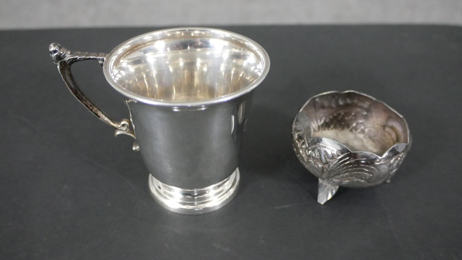 A collection of silver, including a repousse Art Nouveau design twin handled cup, a silver mustard - Image 4 of 12