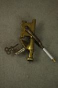 The Acme wine bottle opener, brass and steel, with corkscrew, stamped 'The Acme'. L.47cm.