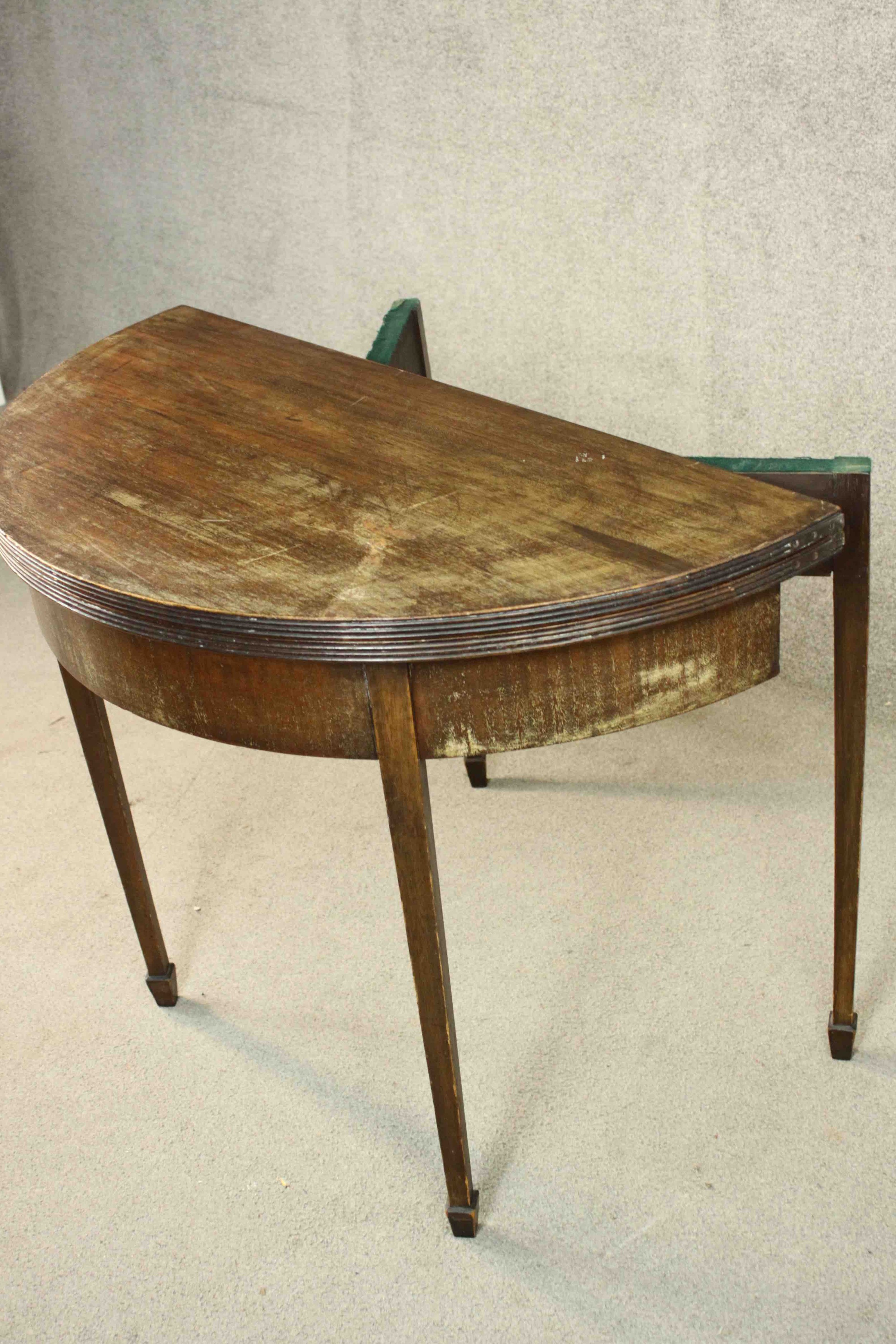 A George III mahogany demi-lune tea table, with a moulded edge and foldover top on square section - Image 10 of 10