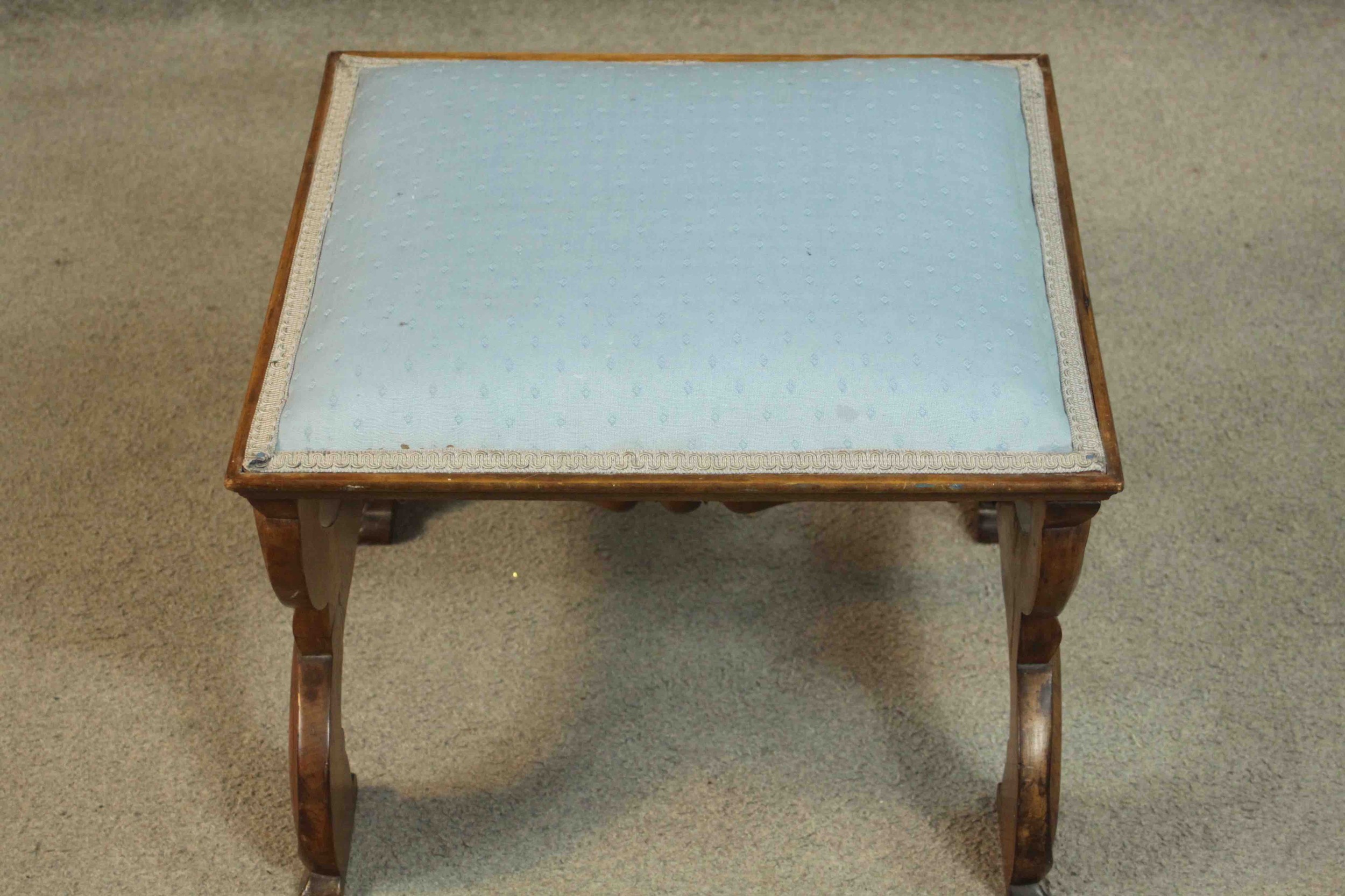 A late 19th century French walnut footstool, of square form upholstered in light blue fabric, on - Image 3 of 4