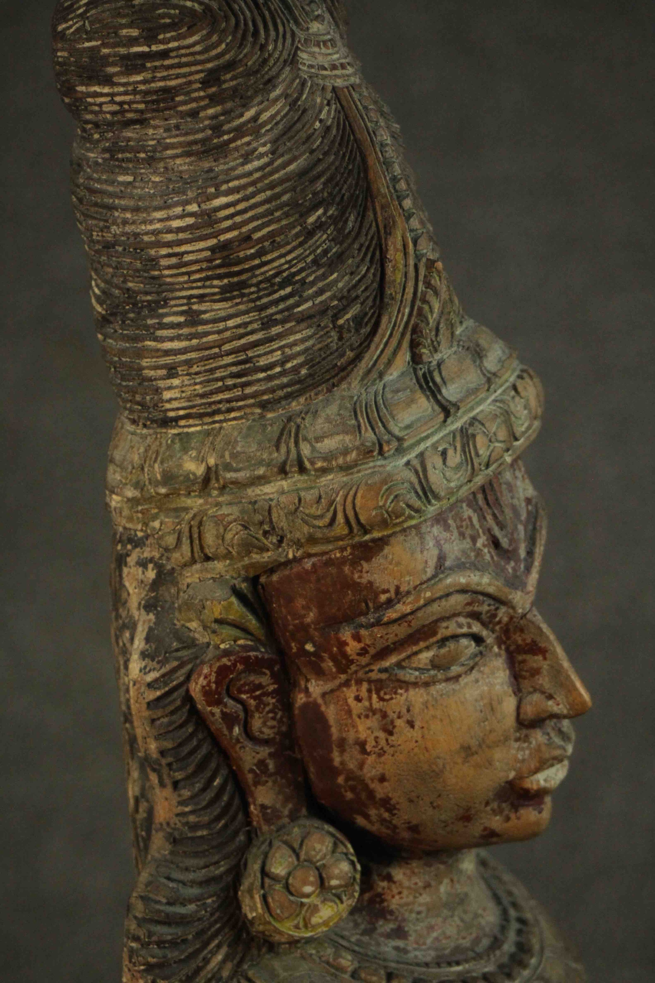 A large carved and painted 19th century Oriental statue of a deity standing on a lotus form base. - Image 6 of 10