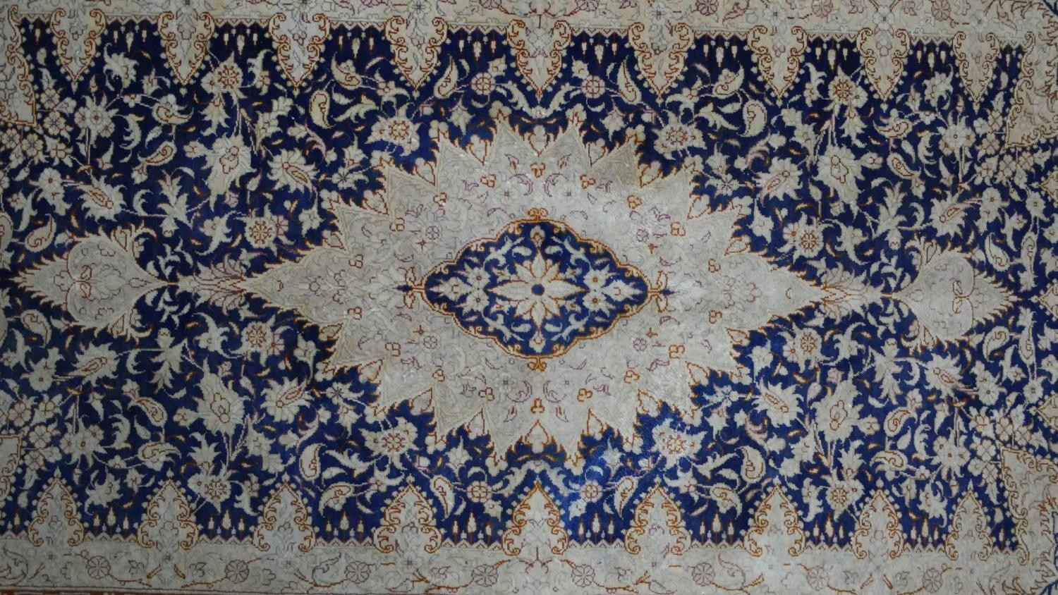 A handmade blue ground Chinese silk rug L.118 H.76cm - Image 3 of 6