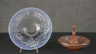 An Art Deco style opalescent glass bowl with water lily flower and pad design along with an Art Deco