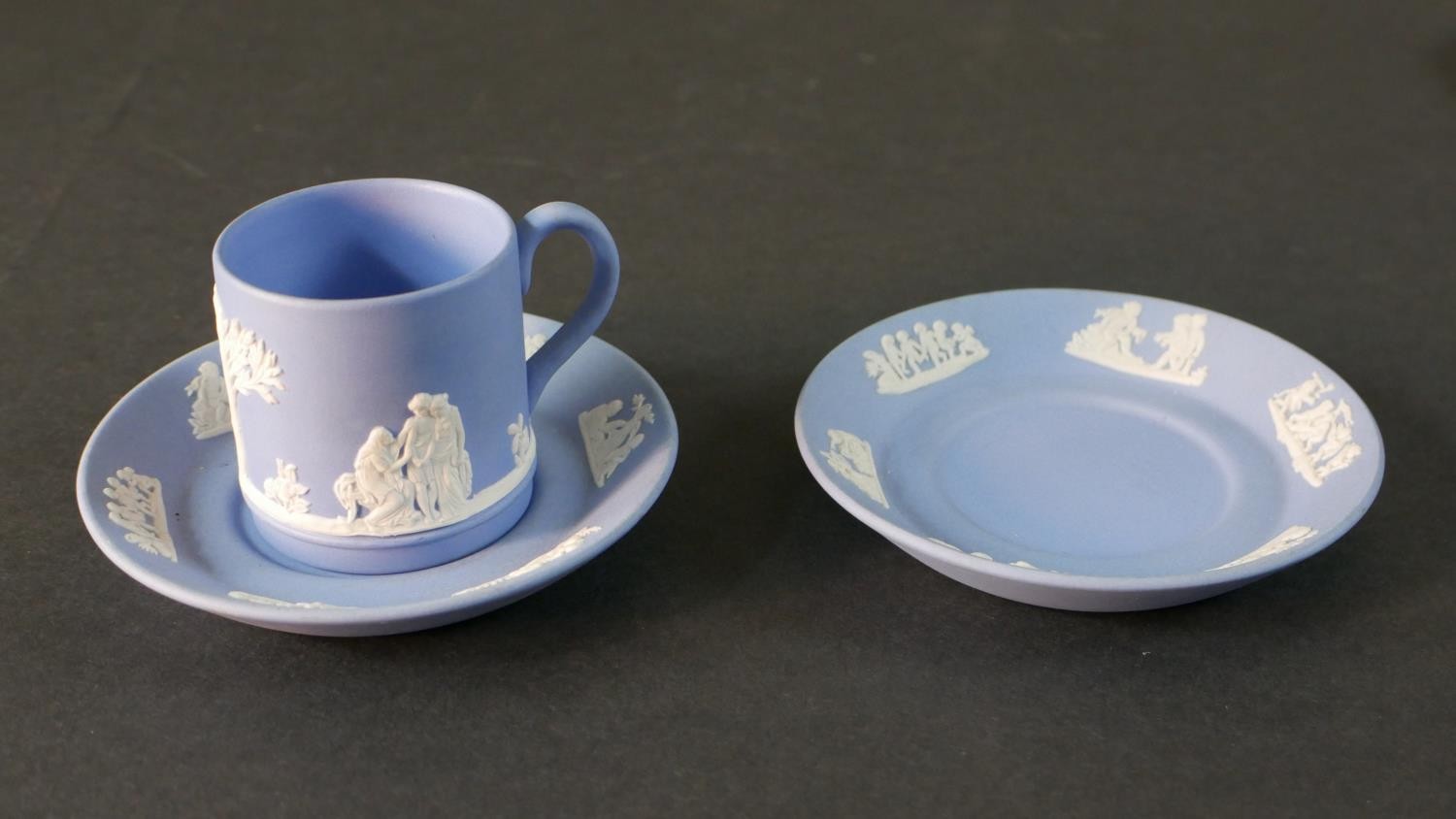 A collection of Wedgwood Jasperware, including two blue and white classical design vases, a coffee - Image 3 of 7