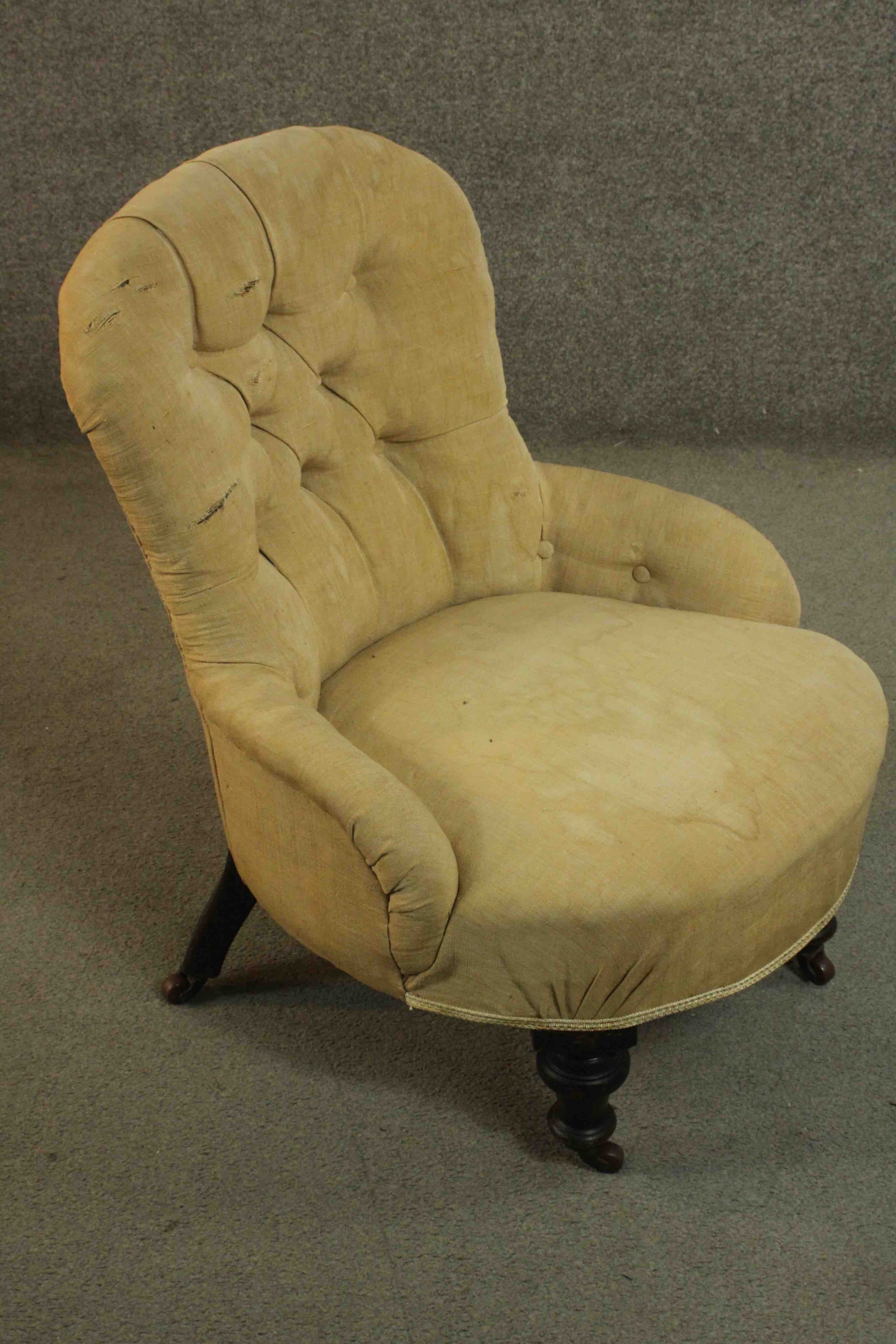 A Victorian nursing chair, upholstered in beige fabric with buttoned back and arms, on turned - Image 2 of 7