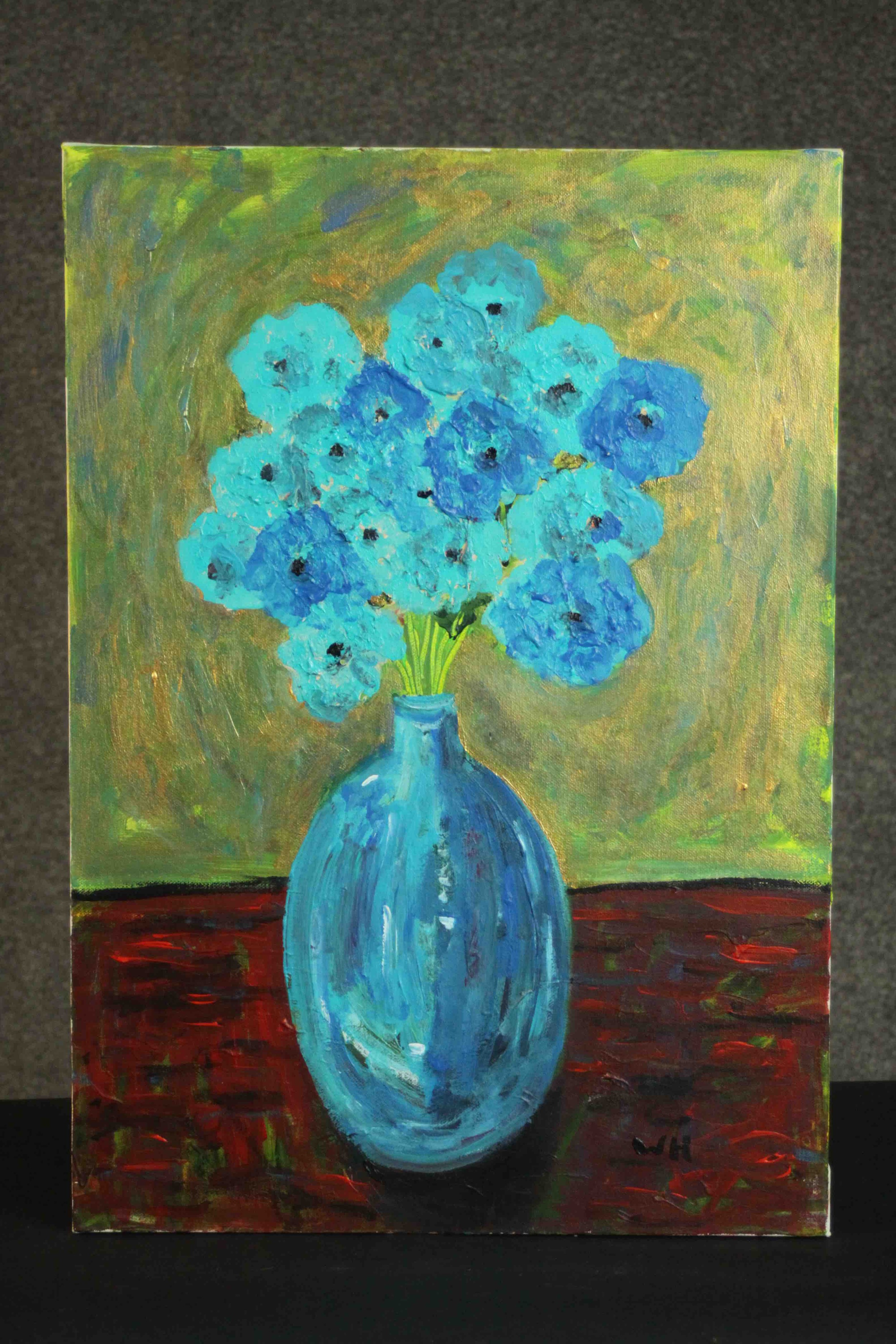 Wolf Howard, acrylic on canvas, 'Blue Flowers in Blue Vase'. Monogrammed WH and signed and titled - Image 2 of 6