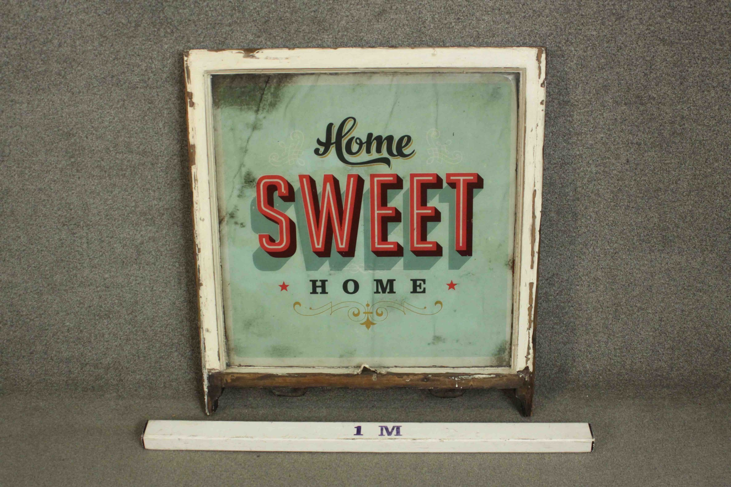 A vinyl sign in a vintage sash window frame. H.84 W.75cm. - Image 3 of 6