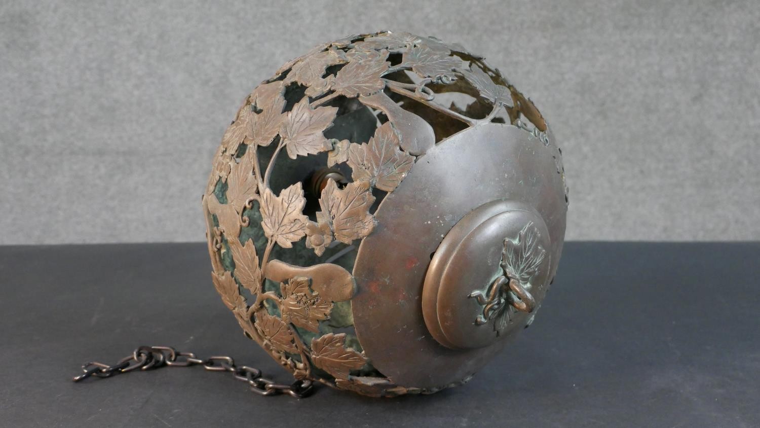 A Meji period Japanese bronze pierced gourd form hanging lantern with gourds and leaves all over. - Image 4 of 4