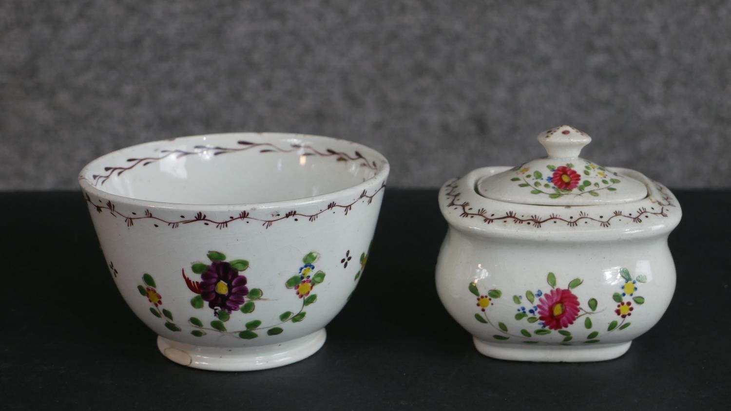 A 19th century floral design hand-painted ceramic dolls tea set for four people (one cup missing), - Image 4 of 8