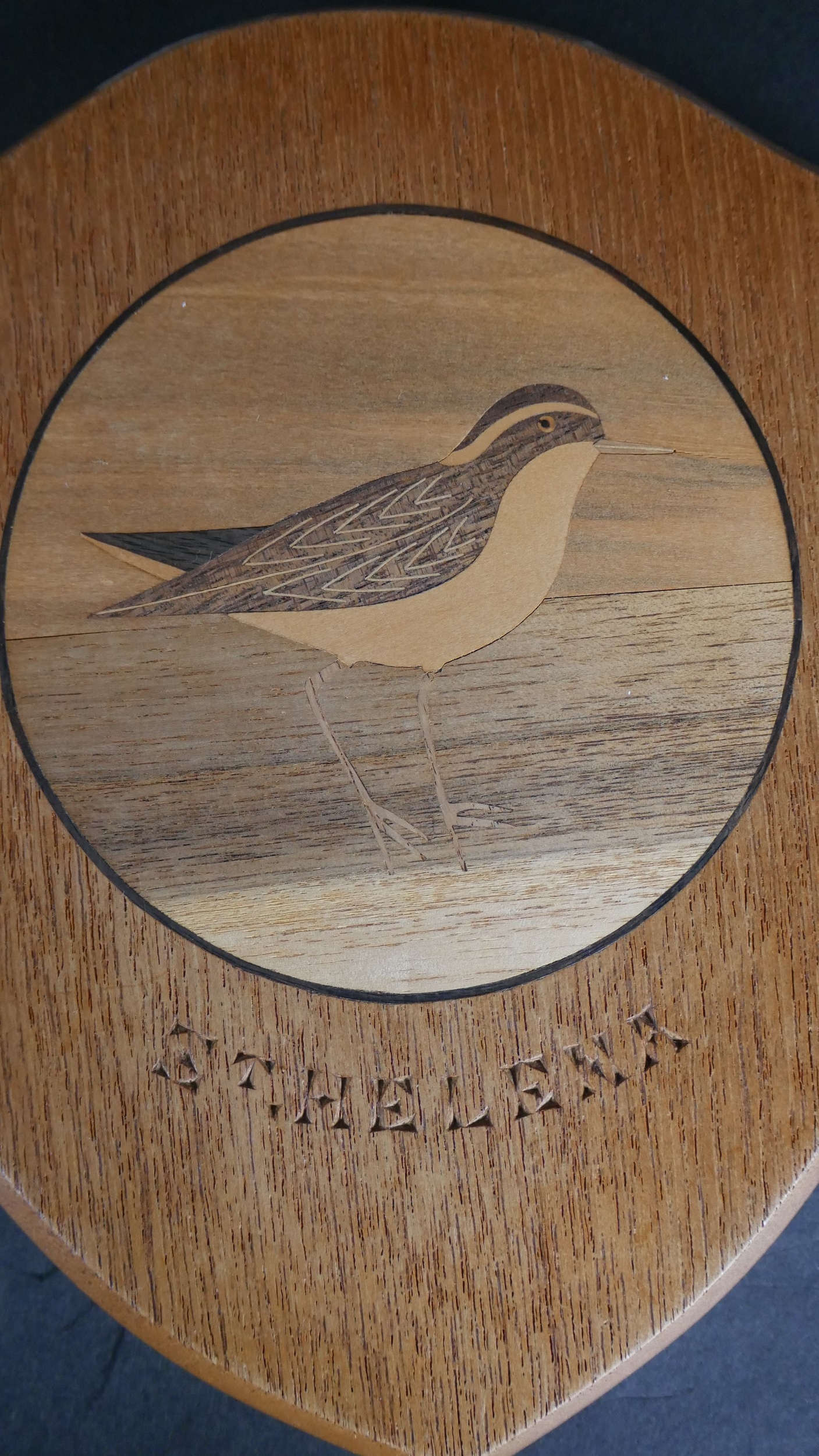 An early 20th century carved oak Barometer with enamel dial along with a marquetry shield - Image 5 of 6