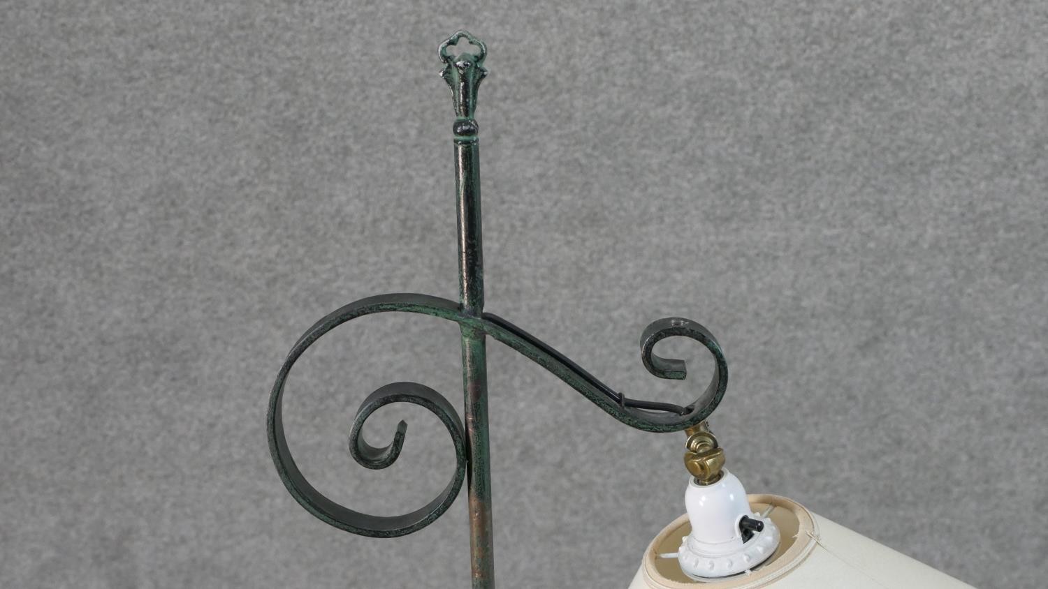 A Victorian style wrought iron standard lamp with a verdigris finish, a cream coloured shade, on - Image 3 of 6