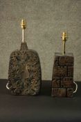 Two carved resin table lamps with Mayan symbol design. H.45 W.18 D.8cm. (each)