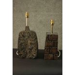 Two carved resin table lamps with Mayan symbol design. H.45 W.18 D.8cm. (each)