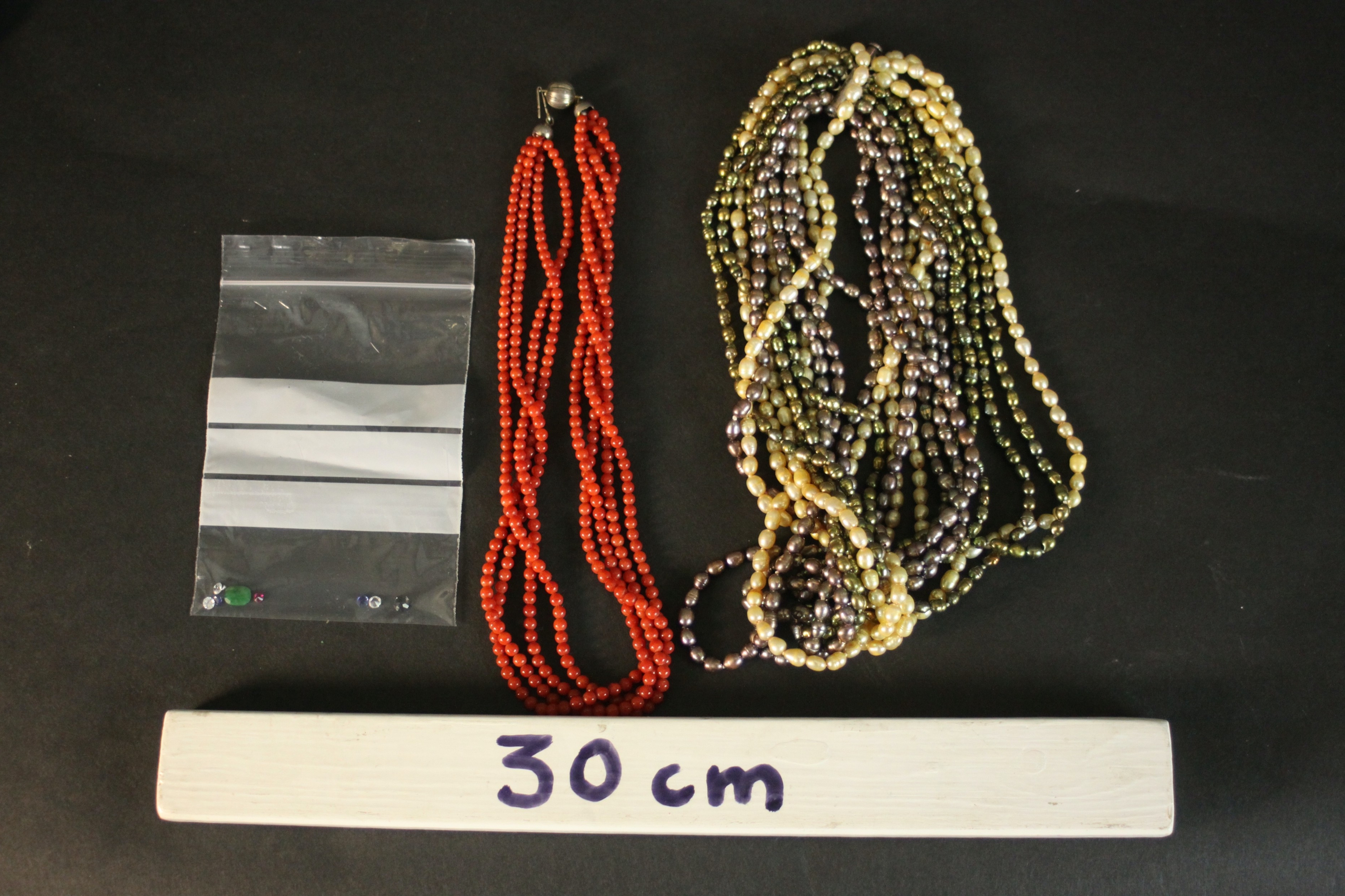 A five strand coral bead necklace with silver ball clasp along with a multistrand fresh water - Image 2 of 8