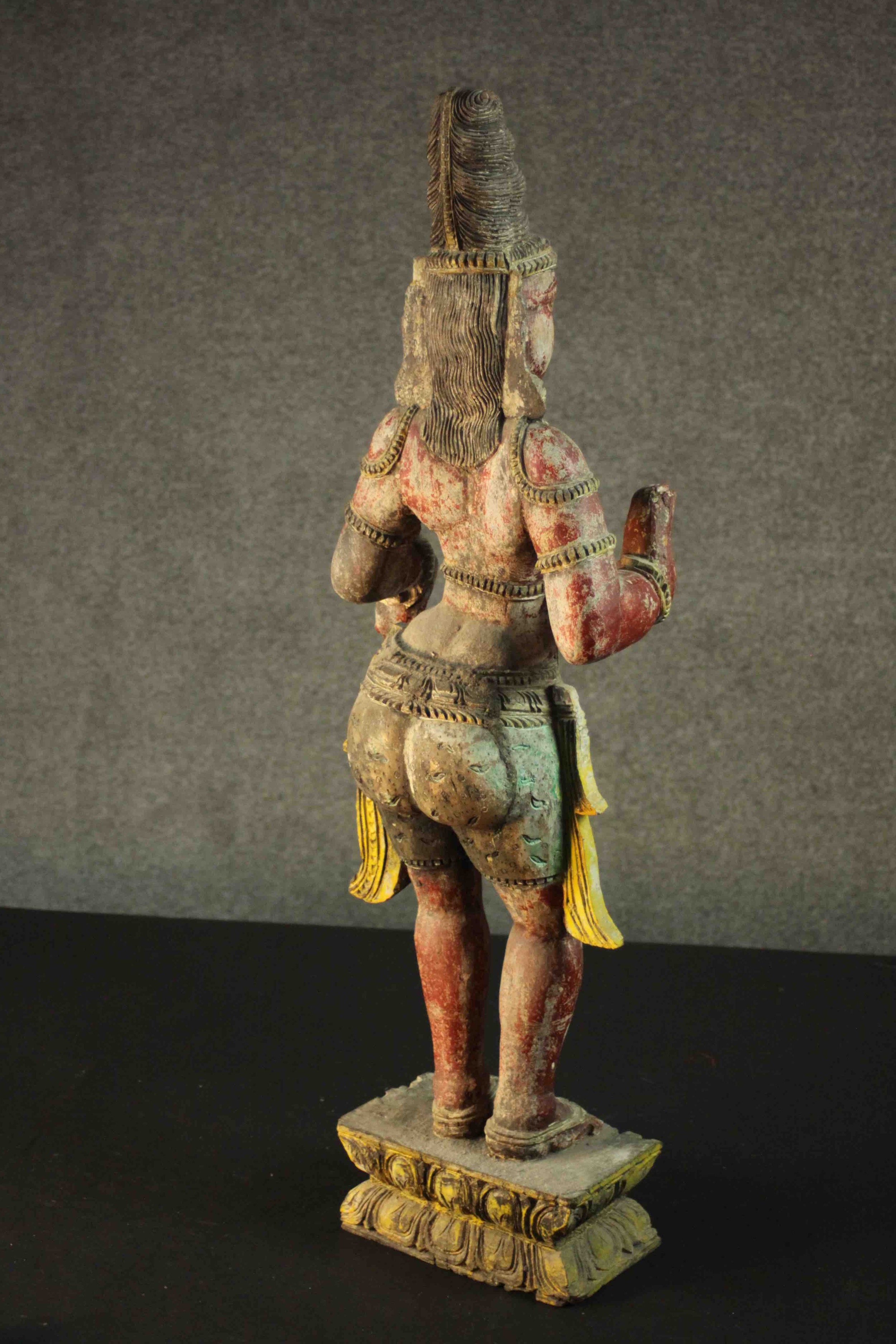 A large carved and painted 19th century Oriental statue of a deity standing on a rectangular lotus - Image 7 of 11