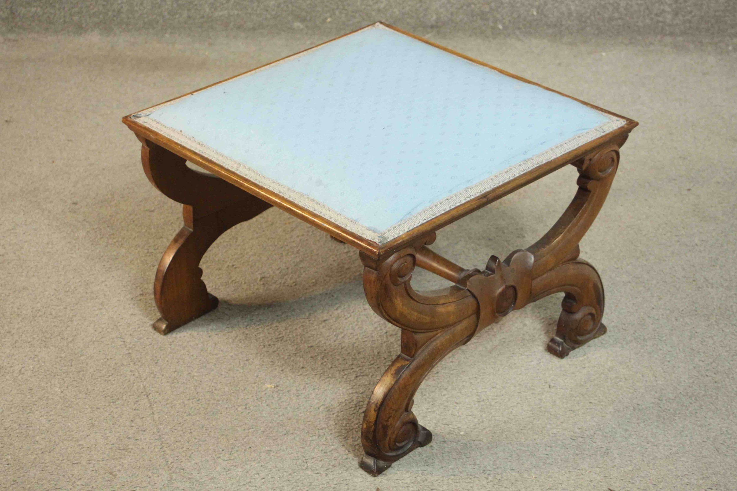 A late 19th century French walnut footstool, of square form upholstered in light blue fabric, on - Image 2 of 4