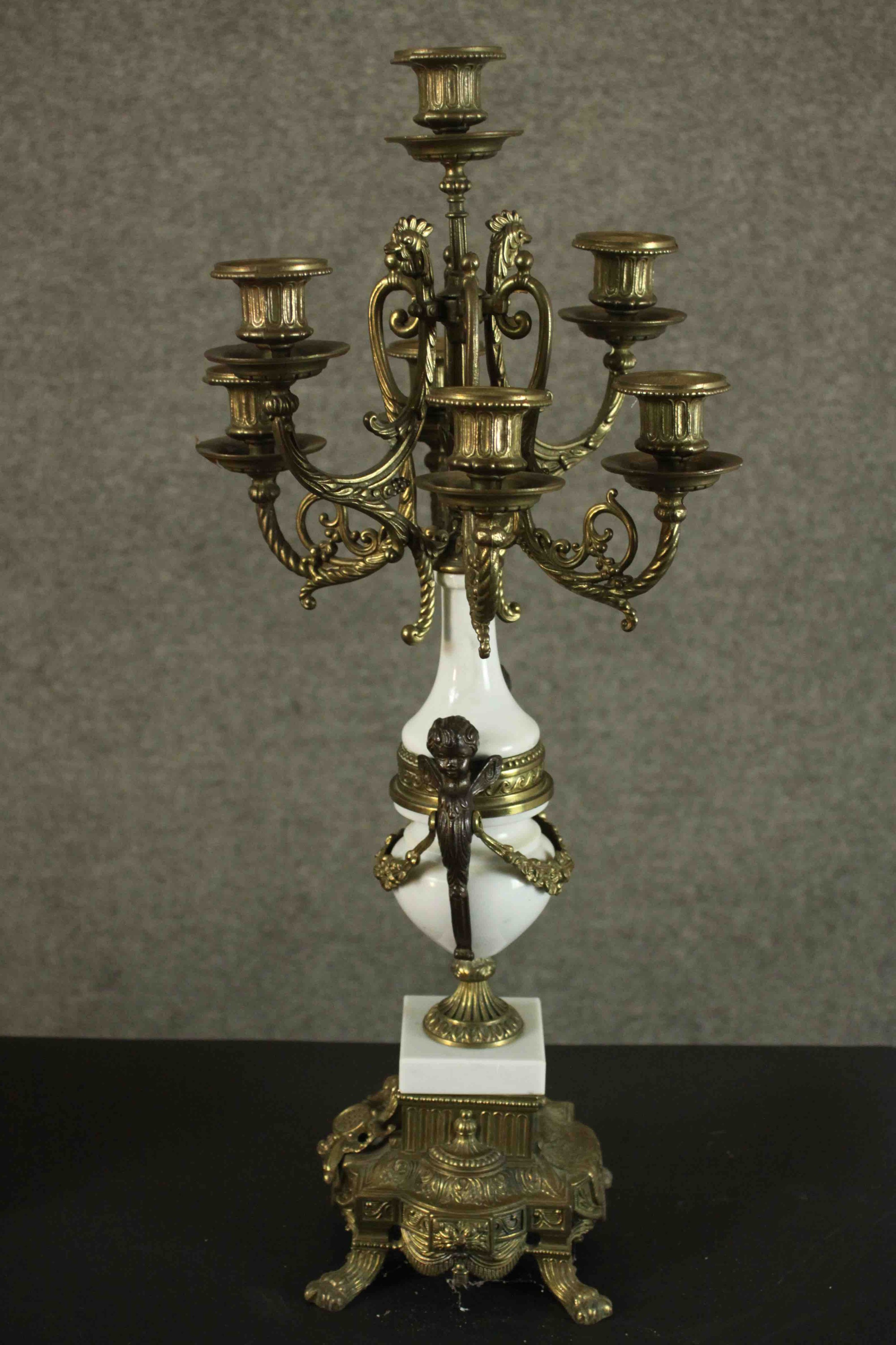 A 20th century Italian gilt metal clock garniture, the clock of lyre form with an enamelled dial - Image 8 of 15