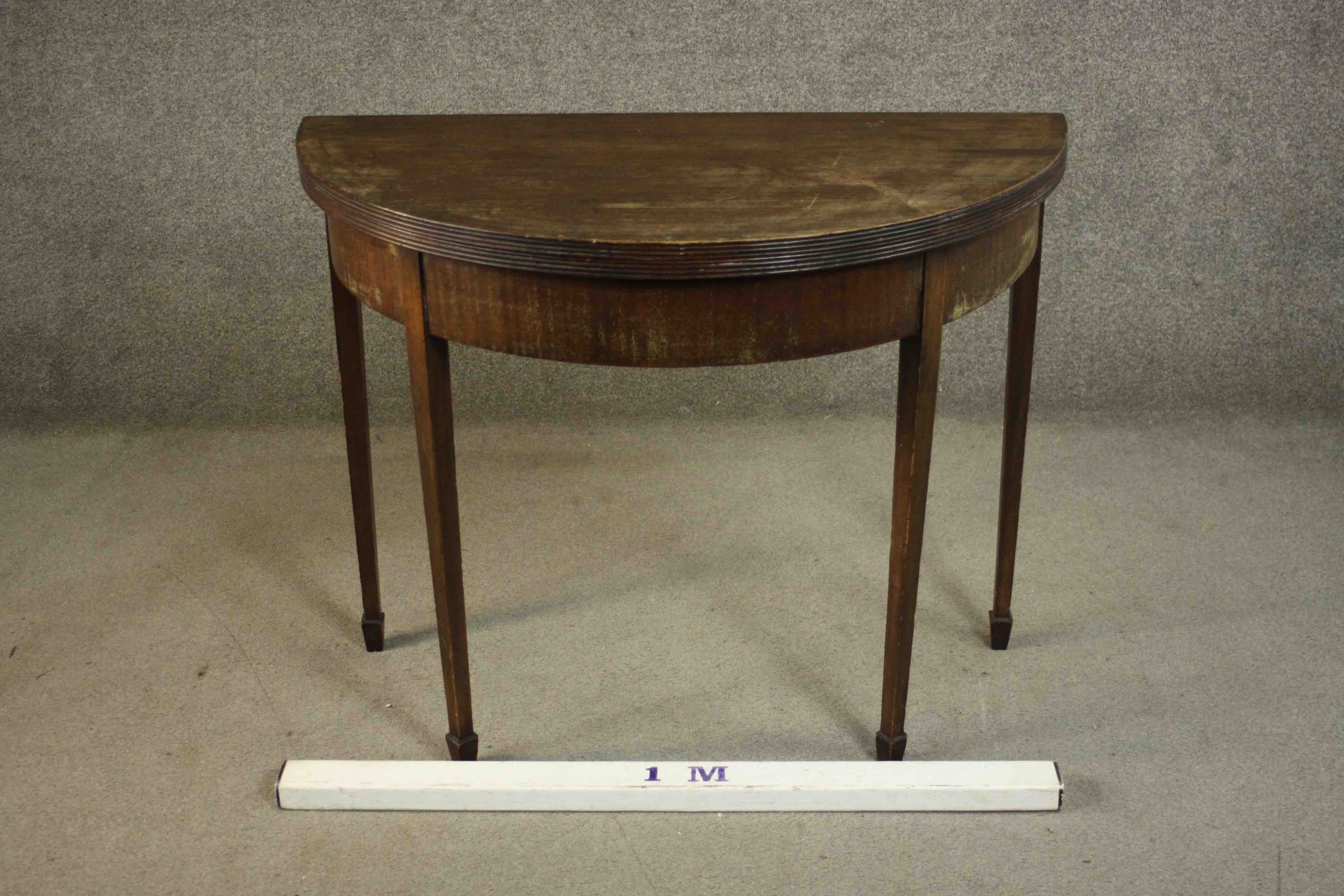 A George III mahogany demi-lune tea table, with a moulded edge and foldover top on square section - Image 2 of 10