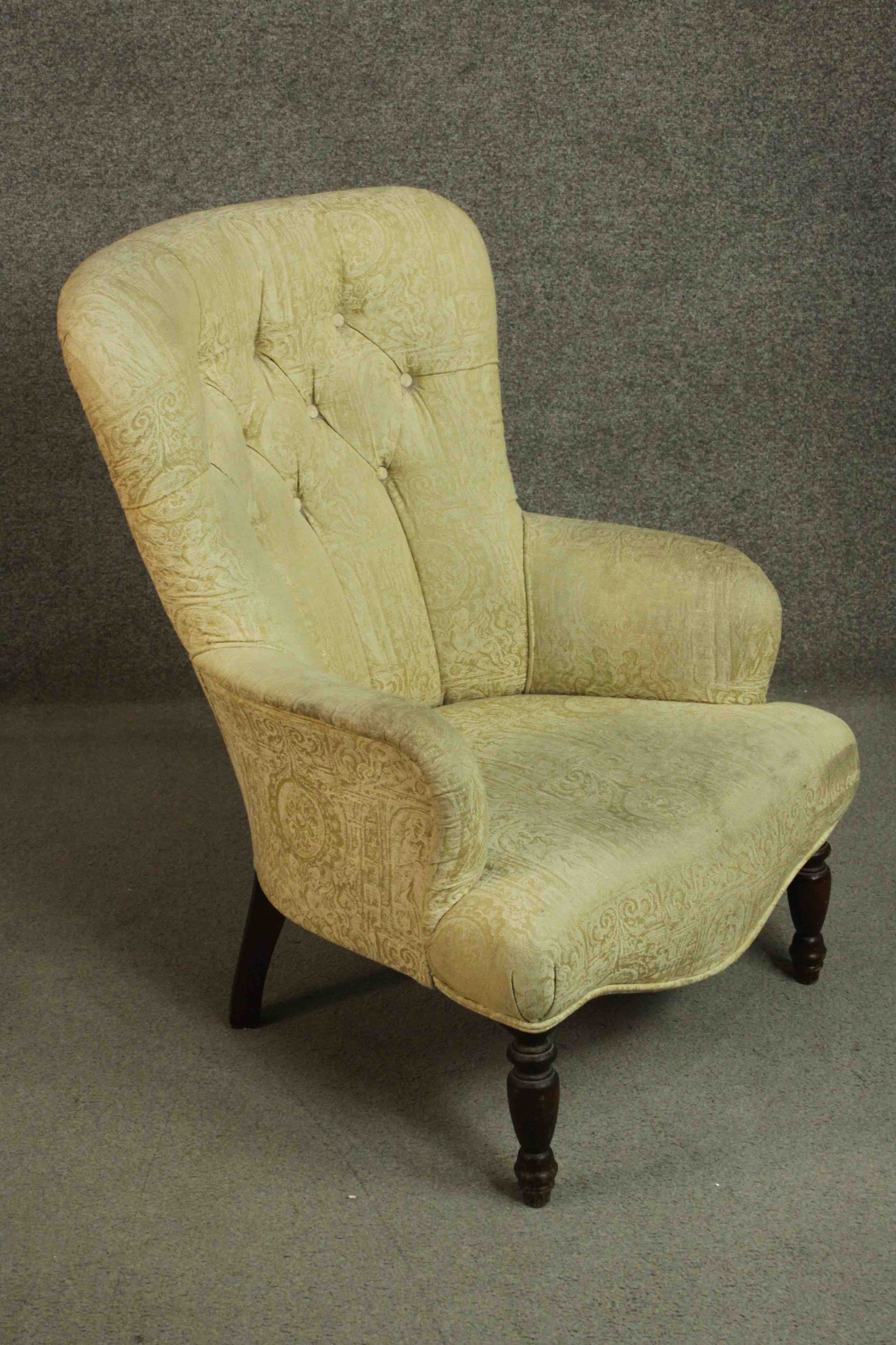 A Victorian mahogany armchair, upholstered in buttoned yellow fabric, on turned legs. - Image 2 of 6