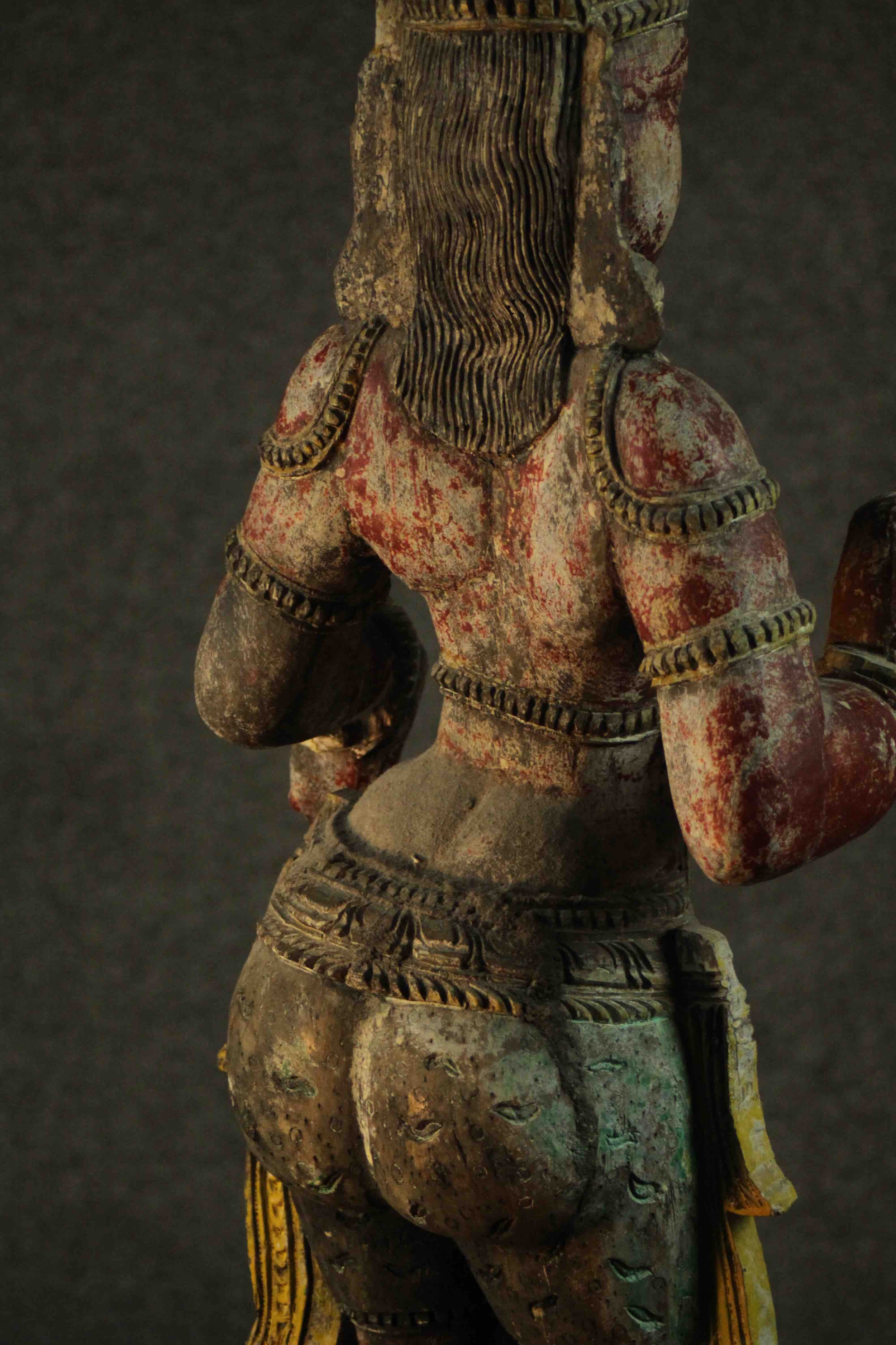 A large carved and painted 19th century Oriental statue of a deity standing on a rectangular lotus - Image 8 of 11
