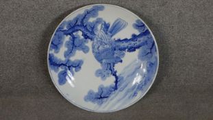 A large Japanese 19th century hand painted blue and white ceramic charger depicting a hawk in a pine