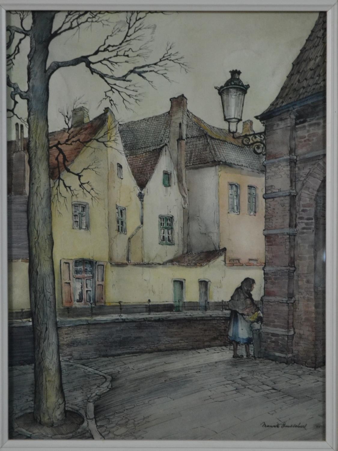 A framed and glazed watercolour with ink, Bruges street scene, indistinctly signed. H.58 W.46cm