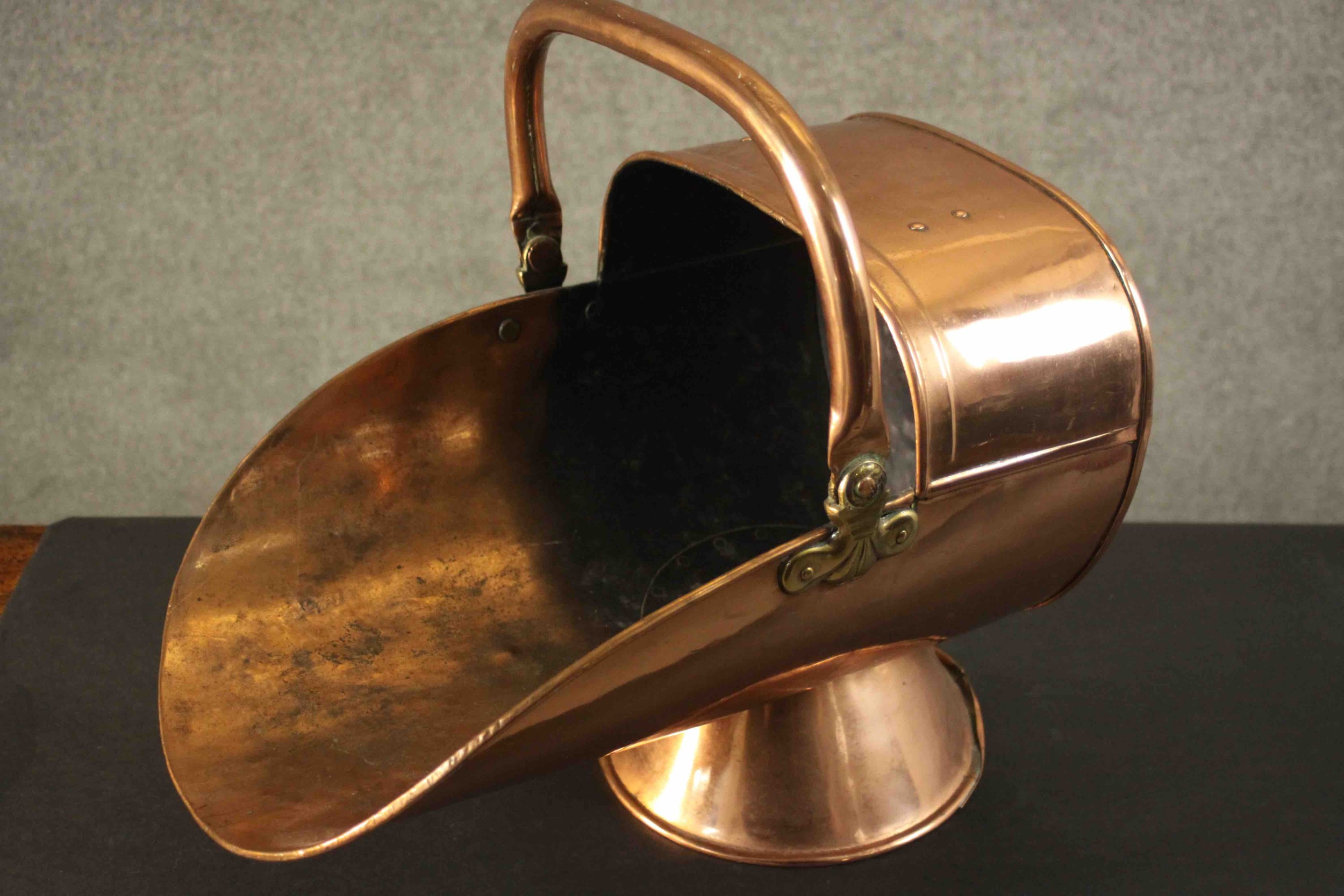 A large and small Victorian copper coal scuttle with brass handles. H.45 W.48 D.36cm. - Image 6 of 16