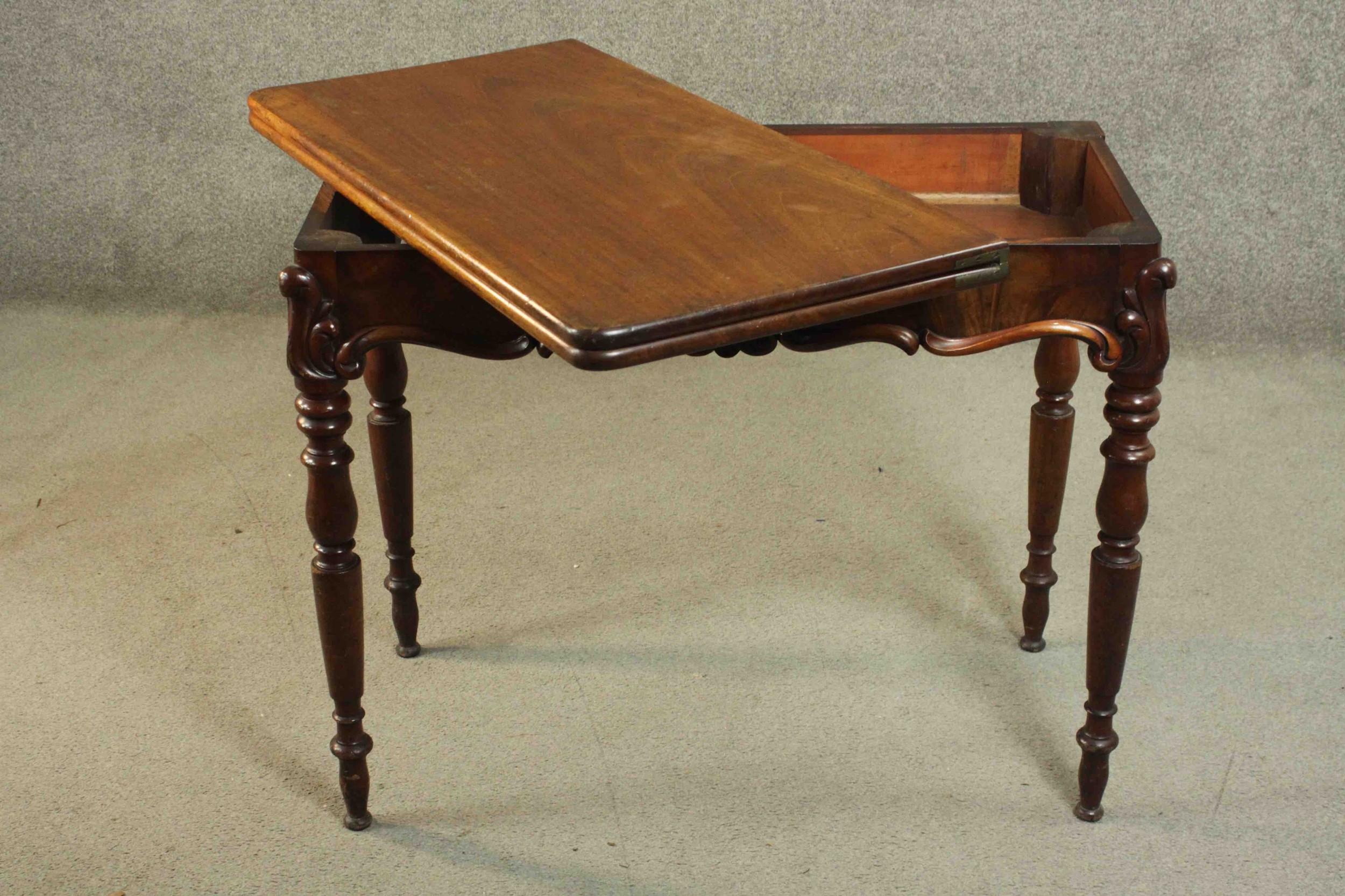 A Victorian mahogany tea table, of rectangular form with a foldover top over a shaped frieze with - Image 5 of 12