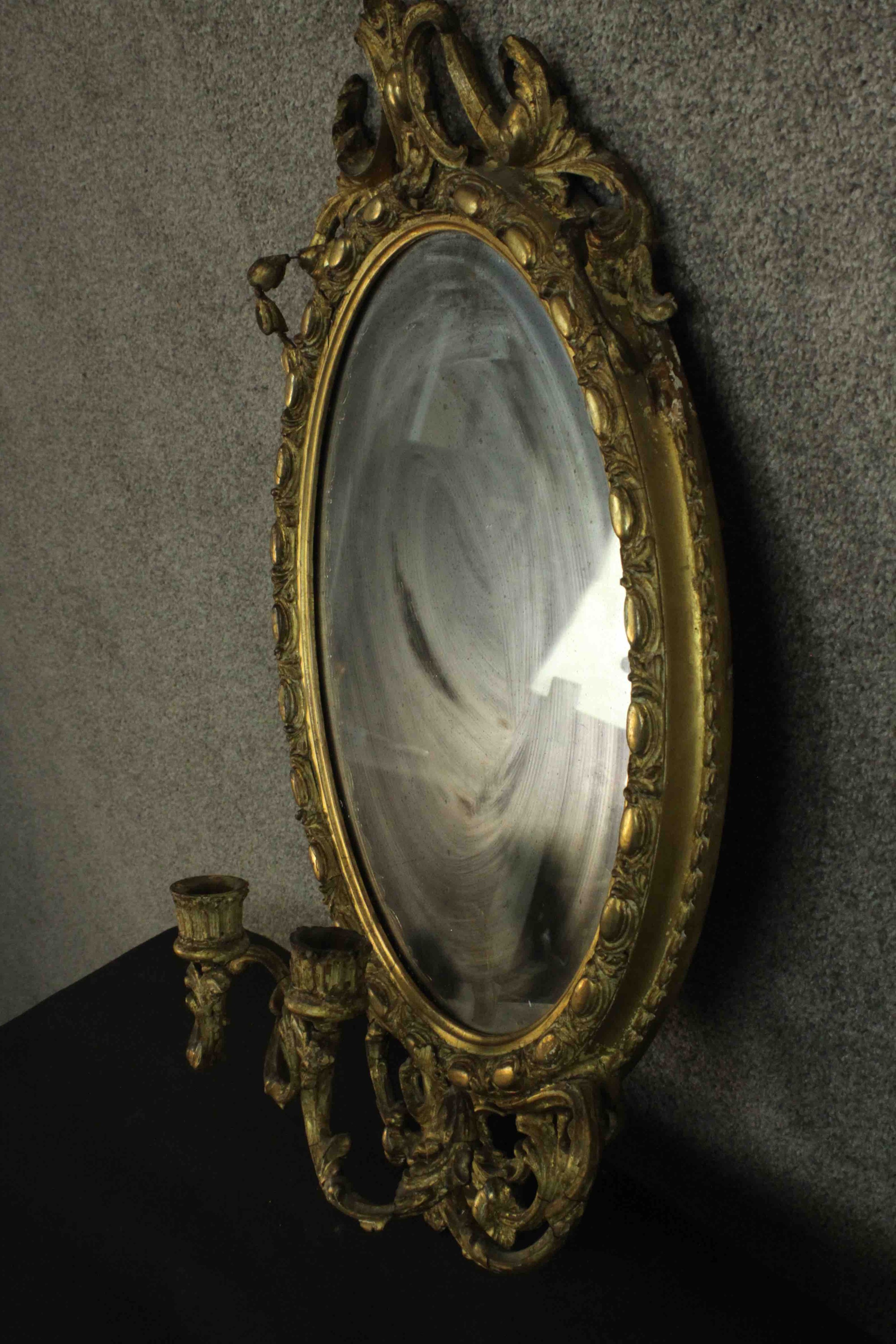 A 19th century French girandole mirror, of oval form, the mirror plate within a moulded acanthus - Image 5 of 5