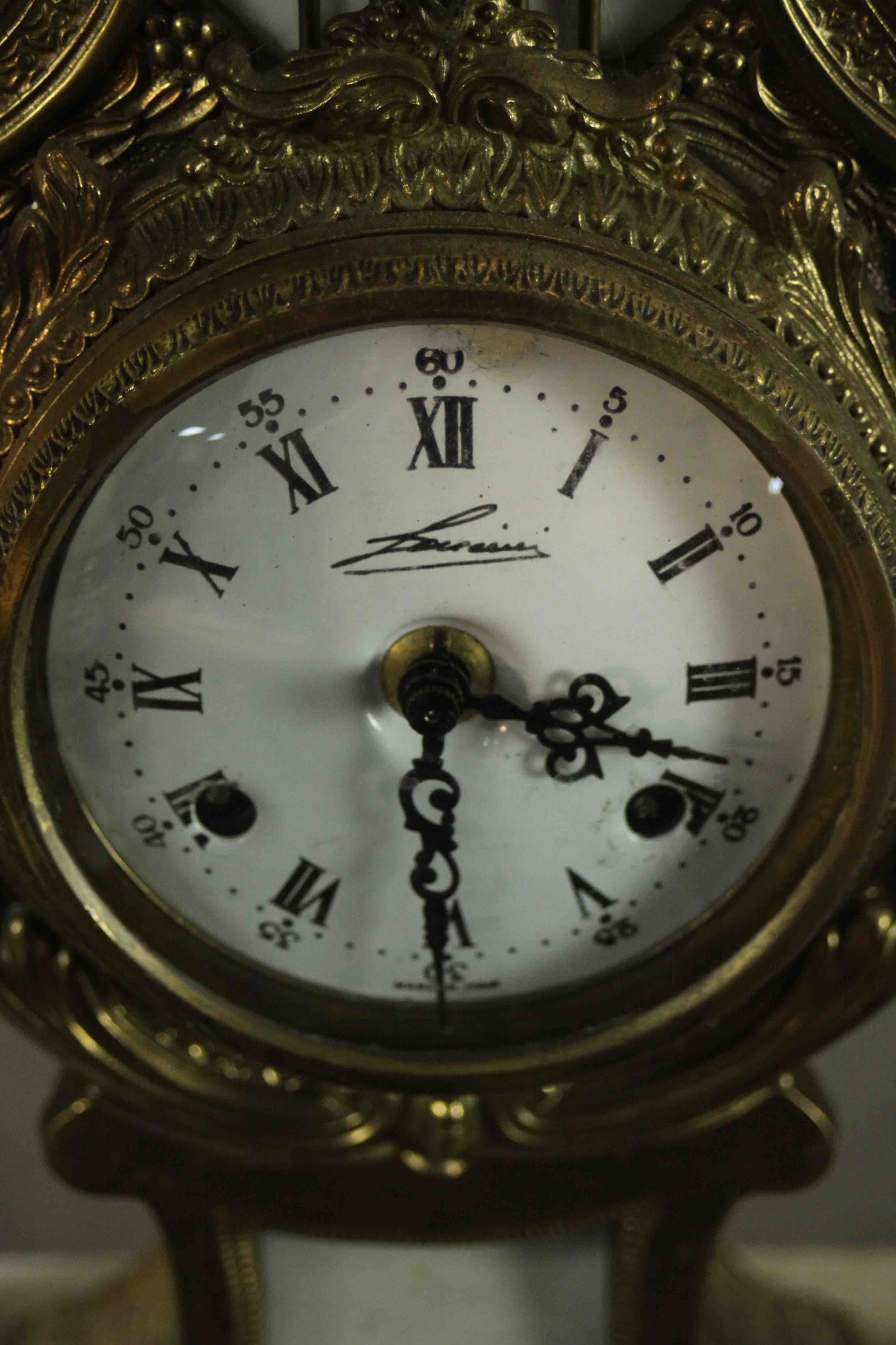 A 20th century Italian gilt metal clock garniture, the clock of lyre form with an enamelled dial - Image 12 of 15