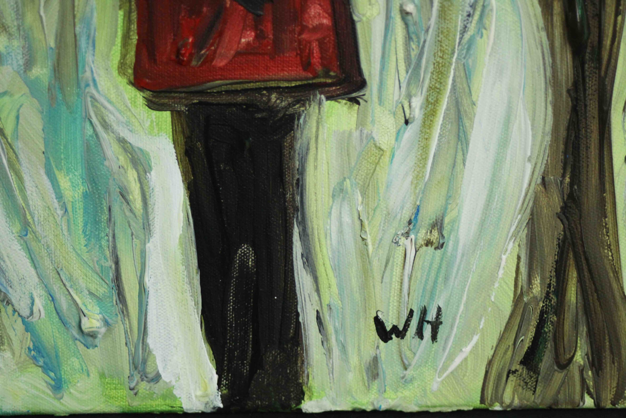 Wolf Howard, acrylic on canvas, 'Man and Bird'. Monogrammed WH and signed and titled verso. H.51 W. - Image 4 of 6