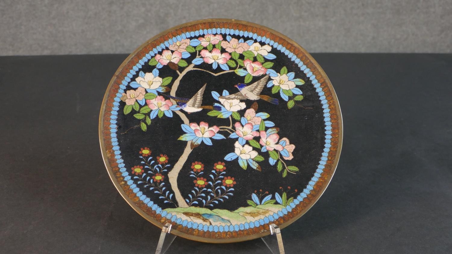 A collection of seven Meji Period Japanese cloisonné plates. Two with a dragon design on red - Image 11 of 16