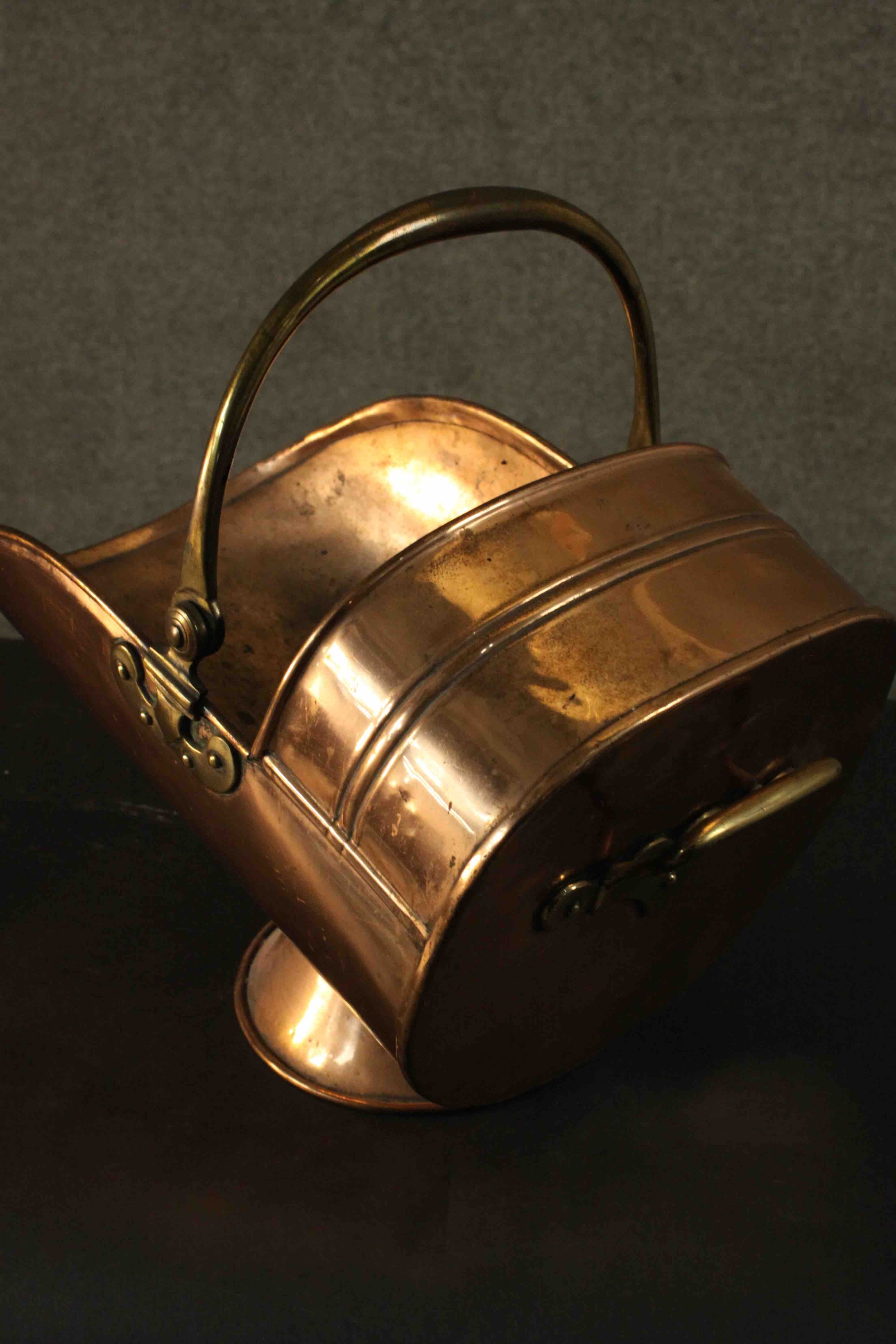 A large and small Victorian copper coal scuttle with brass handles. H.45 W.48 D.36cm. - Image 15 of 16