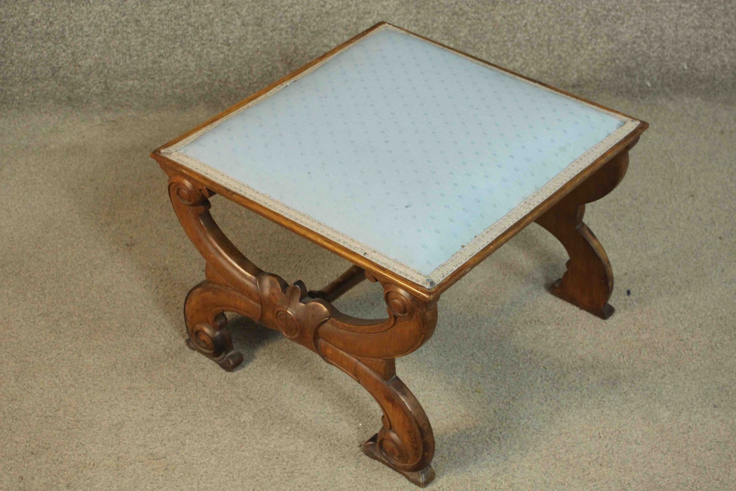 A late 19th century French walnut footstool, of square form upholstered in light blue fabric, on - Image 4 of 4