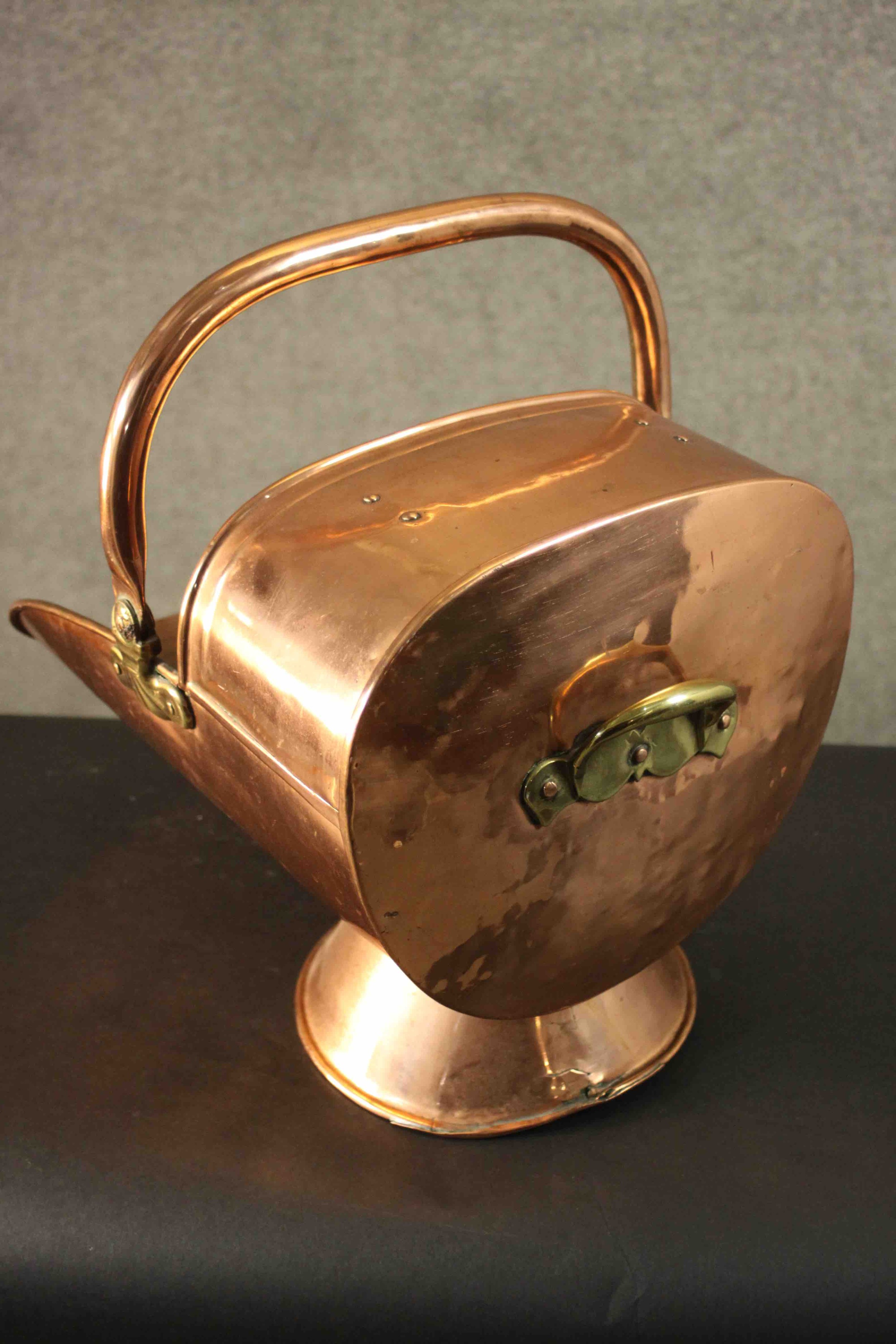 A large and small Victorian copper coal scuttle with brass handles. H.45 W.48 D.36cm. - Image 7 of 16