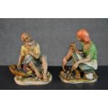 A pair of Italian Capodimonte porcelain figures, depicting a man seated with a basket of fish and
