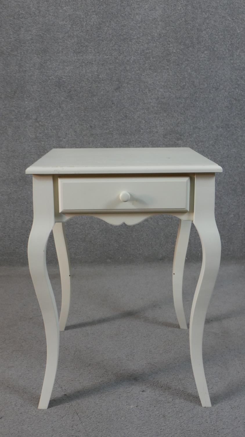 A pair of French style painted bedside tables, with a square top over a single drawer on cabriole - Image 6 of 9