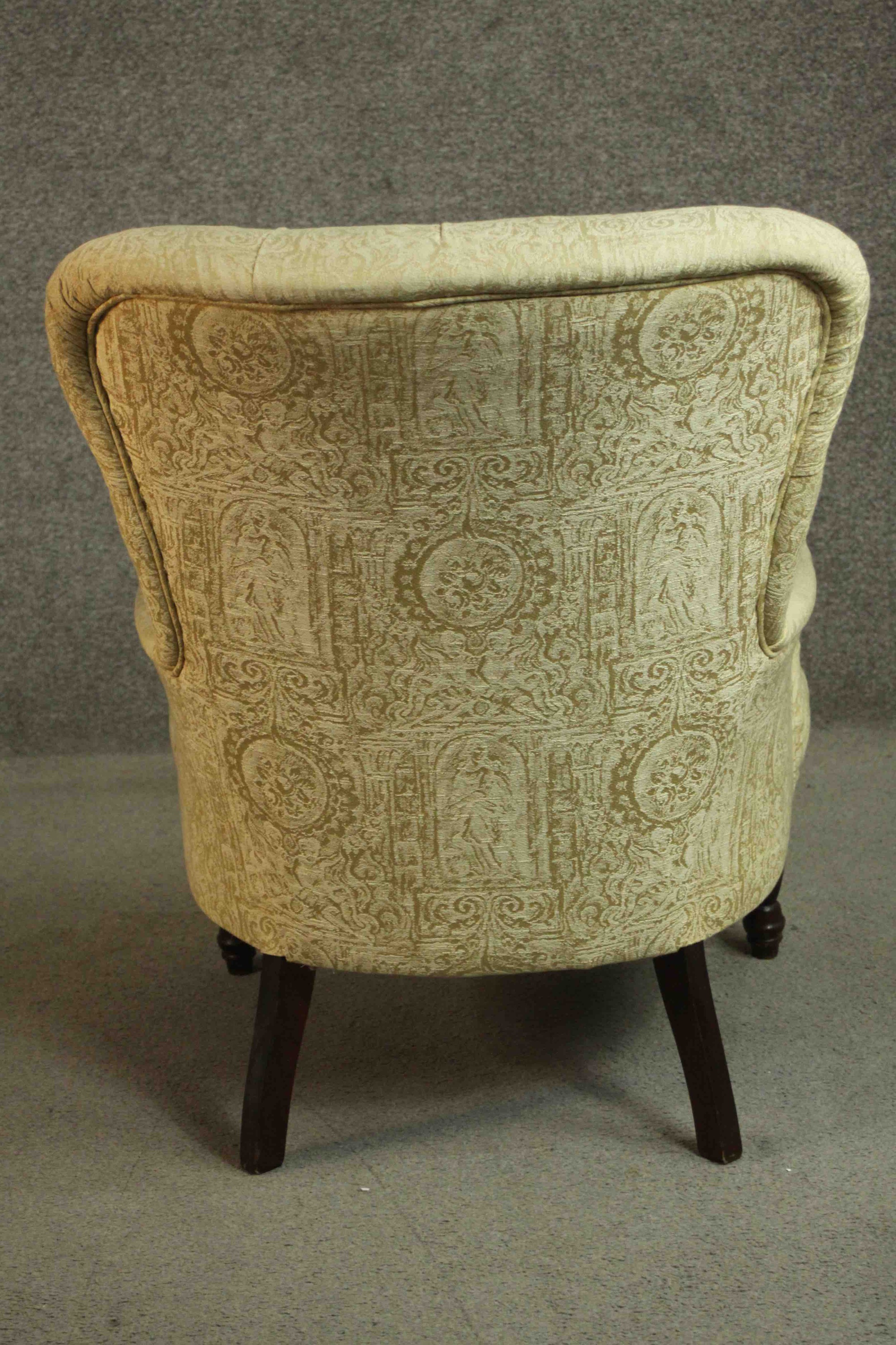 A Victorian mahogany armchair, upholstered in buttoned yellow fabric, on turned legs. - Image 5 of 6