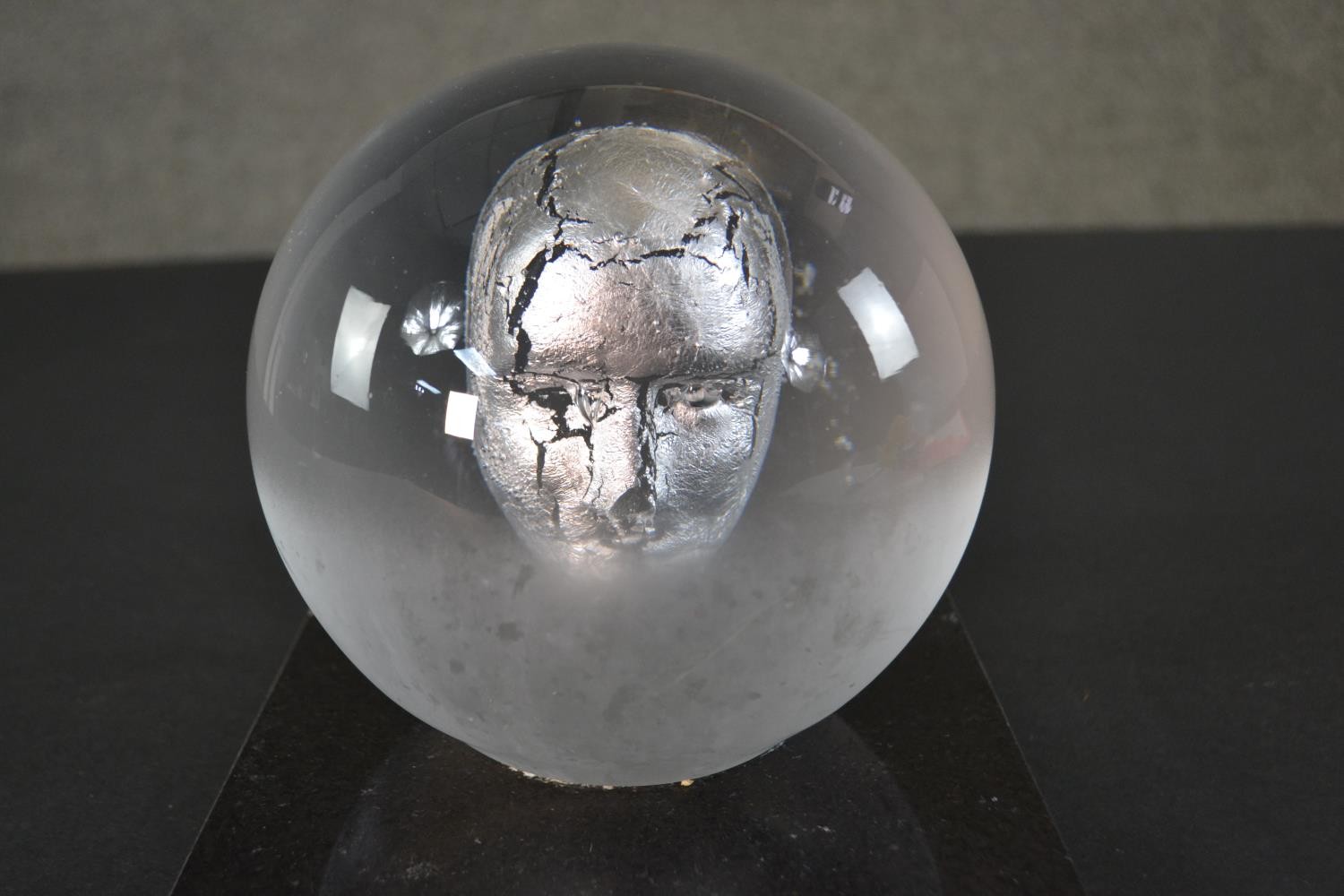 A BV Headman glass sculpture by Kosta Boda. A globe made of clear glass with a silver leaf head - Image 2 of 6