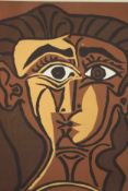 After Picasso, a framed and glazed Lino cut, head of a woman. H.46 W.36cm.